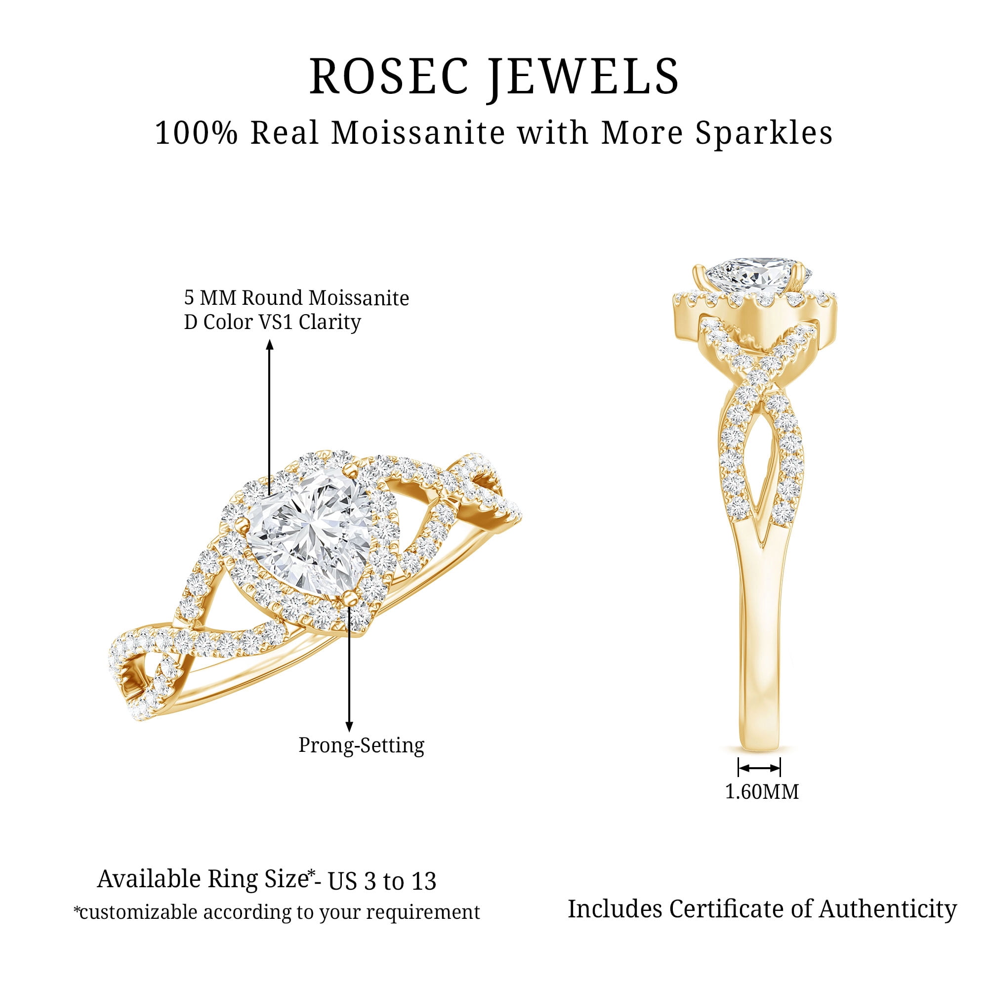 Rosec Jewels Moissanite Heart Engagement Ring for Women - 1/2 Carat - Moissanite Halo Crossover Ring - D-VS1 Grade, 14K Yellow Gold, US 9.00