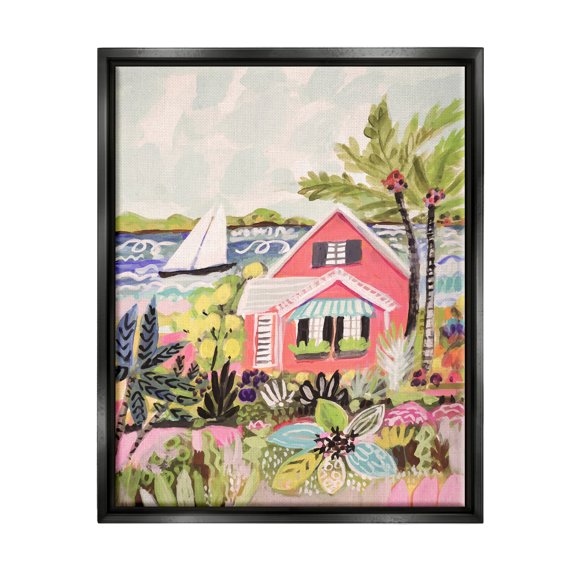 Stupell Industries Tropical Cottage Scenery Landscape Painting Black Floater Framed Canvas Art Print Wall Art, 17 x 21