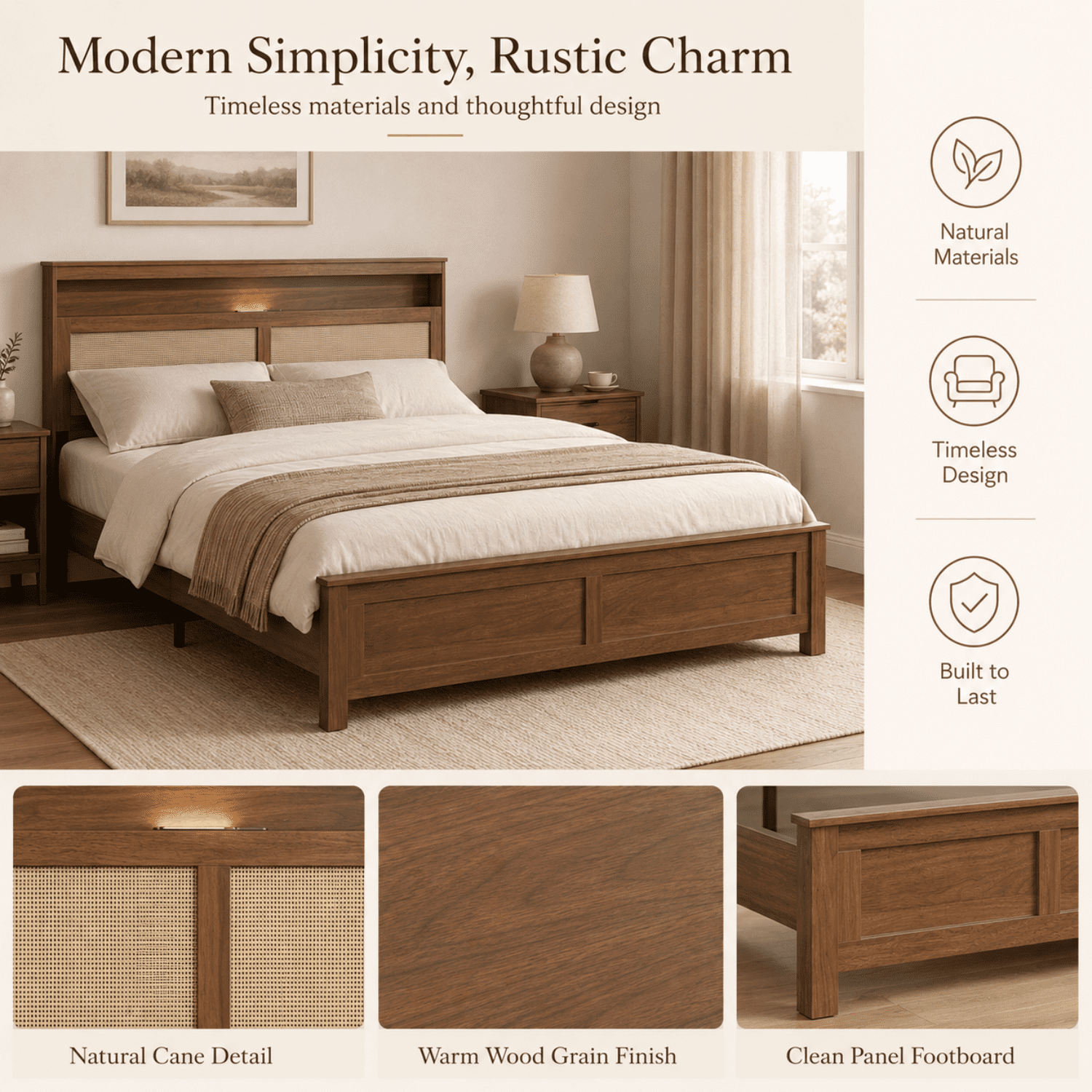 Miniyam Queen Bed Frame with Storage Headboard, LED Light and Charging Station, Cane-Inspired Platform Bed, Brown