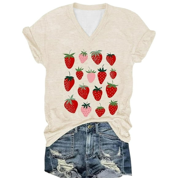 Women's Casual Stylish Strawberry Print T-Shirt for Everyday Wear