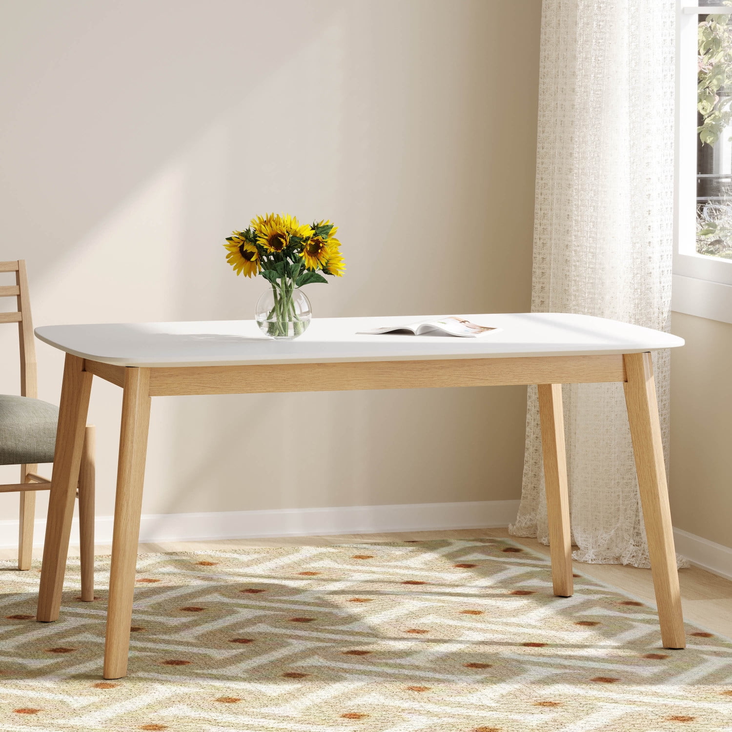 Lisonu 59-inch Mid-Century Modern Dining Table, Kitchen Table with Splayed Rubberwood Legs and Faux Wood Top, Rectangular Table for Dining Room, Natural and White
