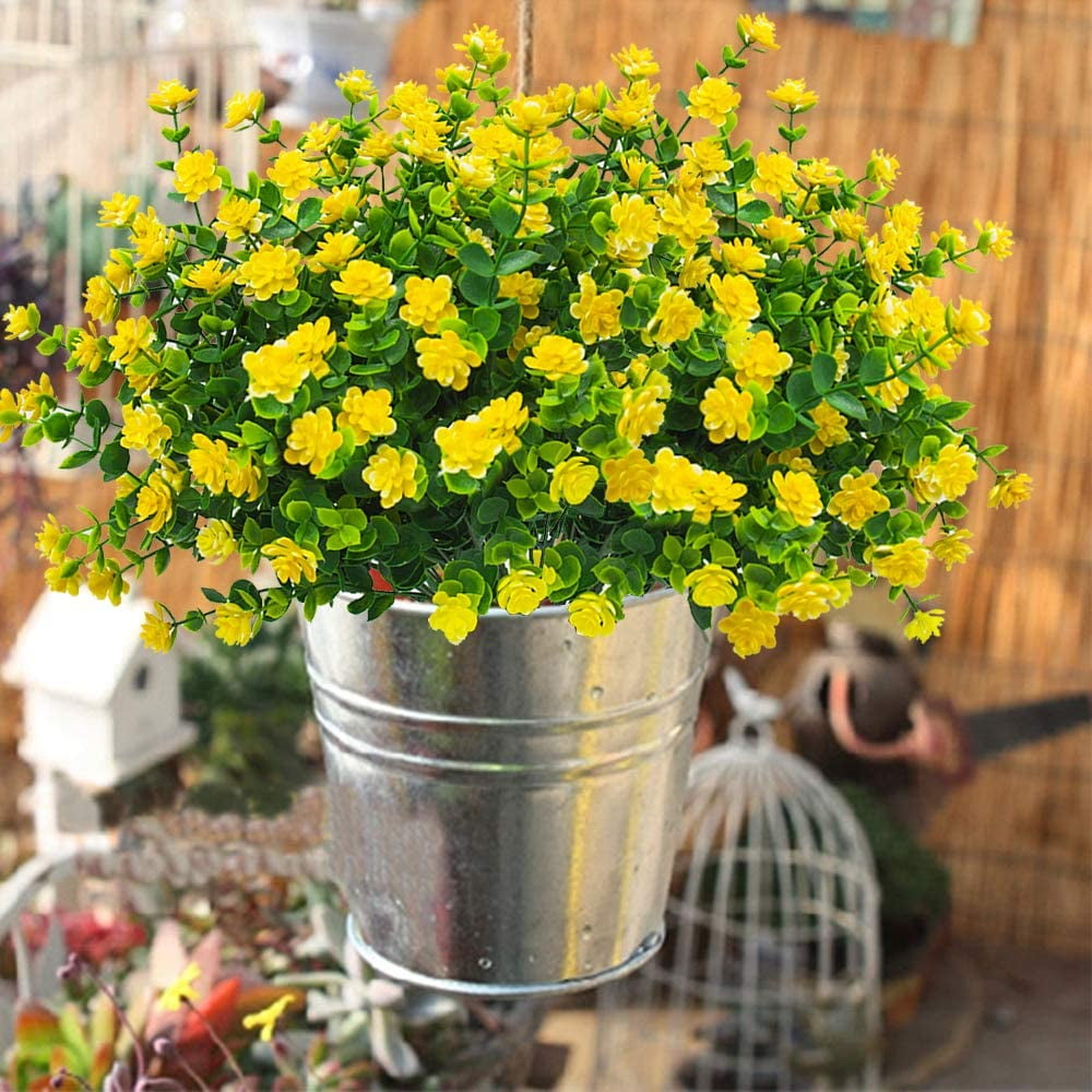 Morttic 12 Bundles Artificial Fake Flowers, Faux Outdoor Plastic Plants UV Resistant Shrubs Outside Indoor Decorations (Yellow)