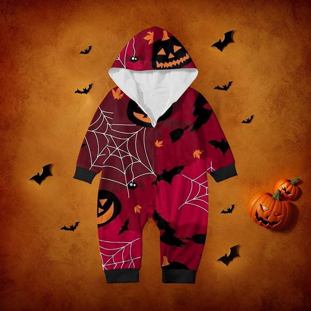 Family Halloween Pjs Matching Sets Halloween Print Long Sleeve Zippered One Piece Pajama Hooded Jumpsuit Winter Halloween Pjs Family Set