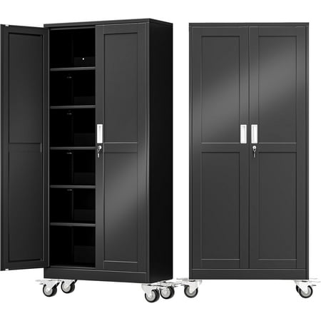 75" Tall Metal Garage Storage Cabinet with Wheels and Locking Doors and Tall Rolling Steel Tool Cabinet with 5 Adjustable Shelves for Garage,Home,Office,Shop (Black)