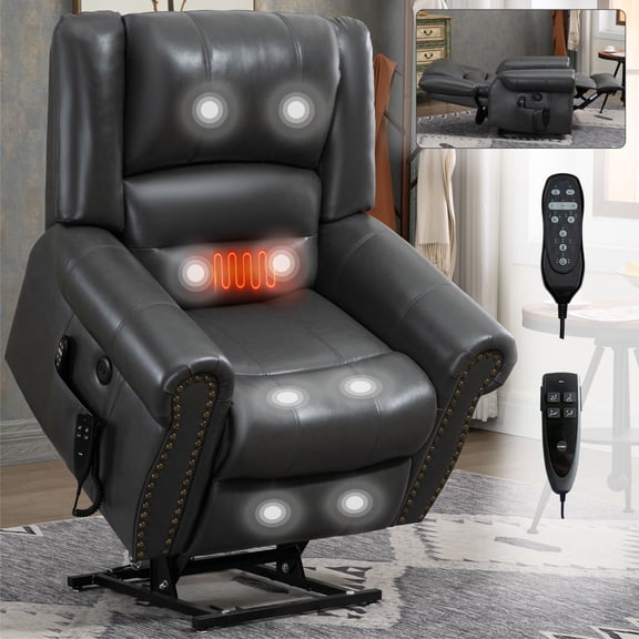HICOMILA Power Lift Recliner Chair with Heat & Massage, Dual Motor Infinite Position, Faux Leather, USB Ports & Side Pockets, Heavy Duty 350 LBS Capacity, Gray