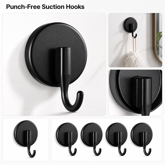Wreath Hanger Suction Hooks, 4 Pack Black Suction Cups for Glass Metal Tile, Clear Wall Hooks for Towels Wreaths Bathrobes Loofahs, Removable Hooks for Bathroom Kitchen Holiday Organization