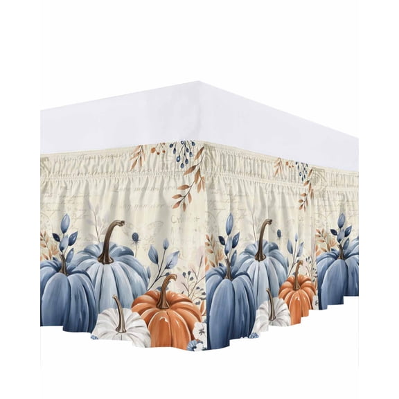 Orange Blue Bed Skirt Queen Size 16 Inch Drop, Fall Pumpkin Eucalyptus Leaf Retro Thanksgiving Wrap Around Dust Ruffle Bedskirts, Wrinkle & Fade Resistant Easy Fit Bedskirt with Adjustable Elastic