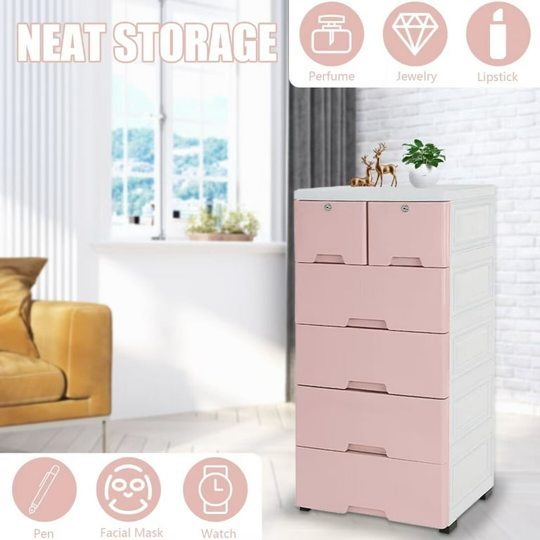 Plastic Drawers Dresser Drawer 5 Drawer Dresser Storage Tower Organizer Unit Vertical for Bedroom Closet+Wheels Small Closet Organizer Shelf Lockable