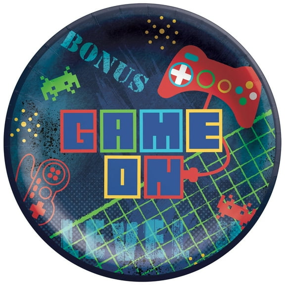 Game On Gamer Birthday Paper Plates - 8.5" Disposable Video Game Party Plates - 40 Count