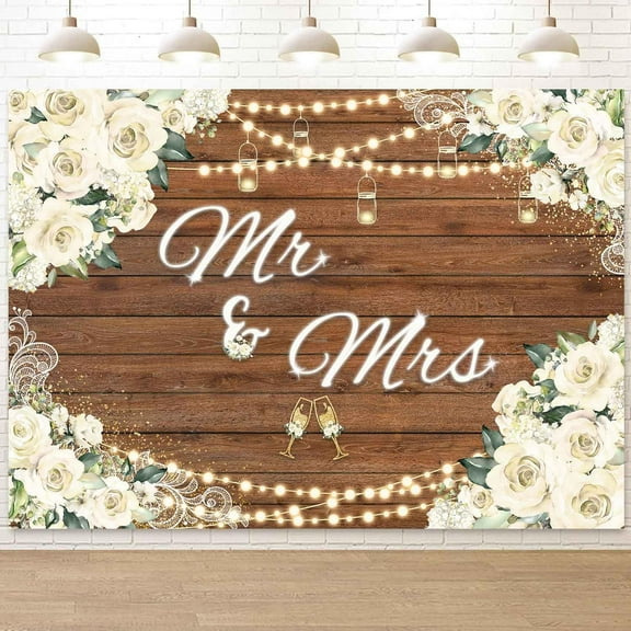 Mr and Mrs Wedding Backdrop for Engagement Party White Floral Rustic Wood Photography Background Bride to Be Bridal Shower Wedding Party Decorations Engaged Anniversary Banner