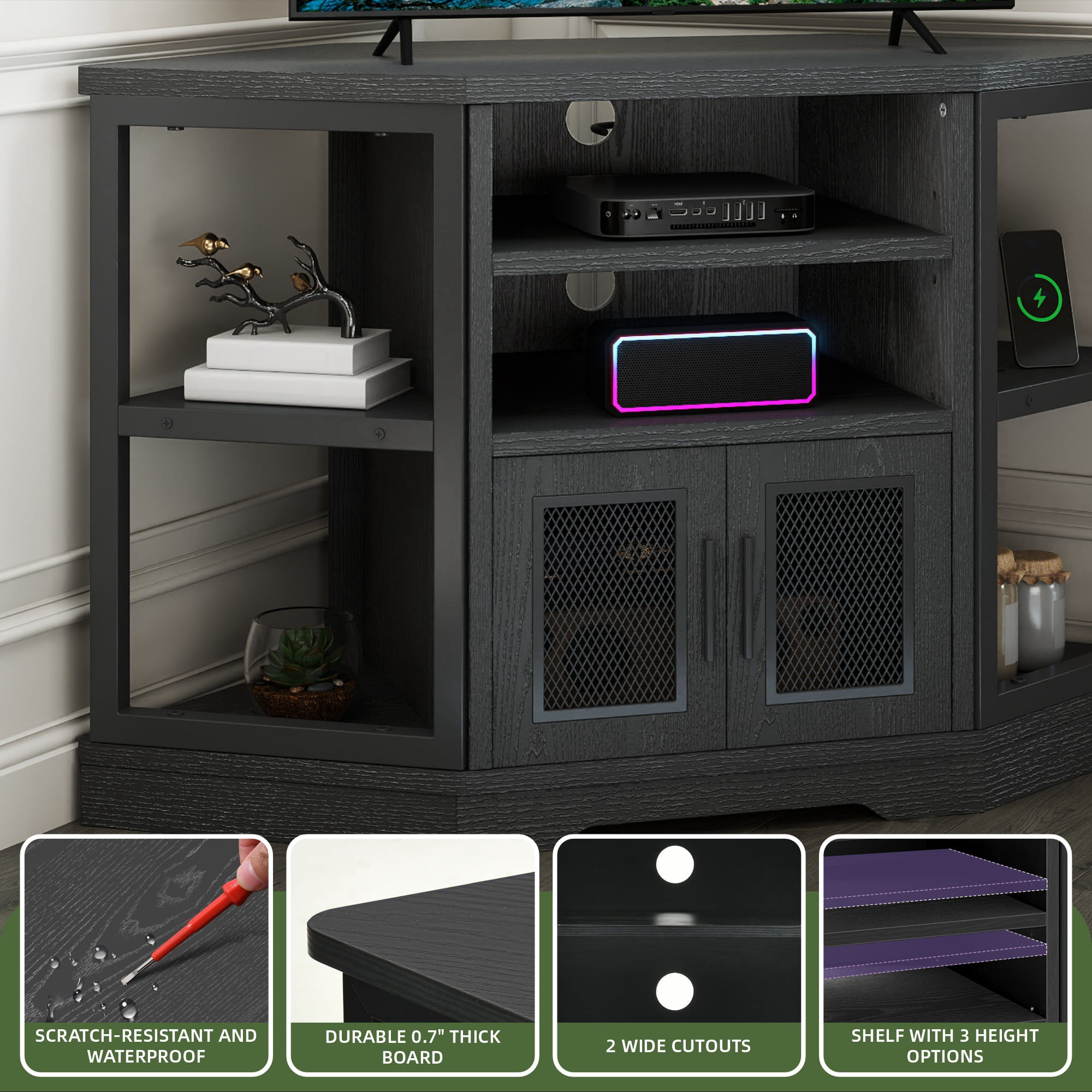Uforic Corner TV Stand for TVs up to 55", Farmhouse Entertainment Center with Power Outlet, Black