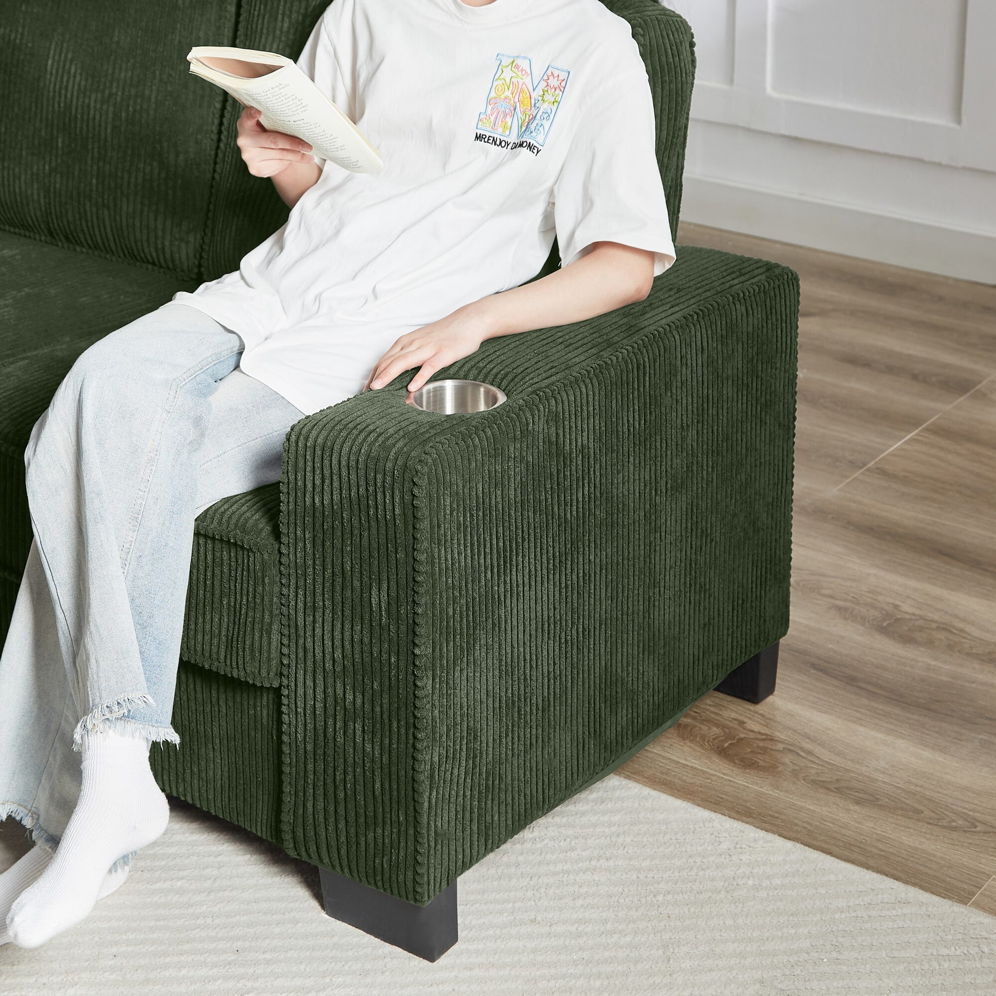 AENKYO 84" Modern Corduroy 3-Seater Sofa, Compressed Couch with Built-in Cup Holders & Washable Covers, Green