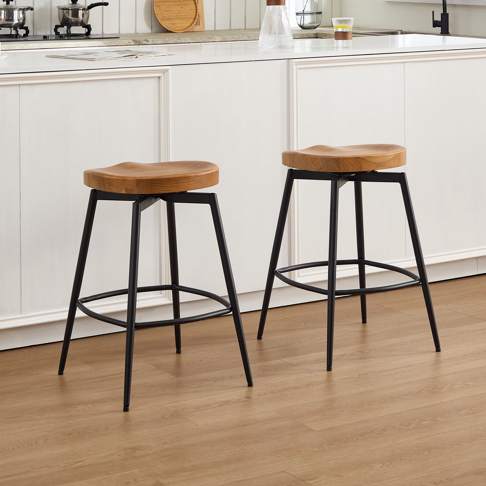 Zesthouse 25″ Swivel Counter Stools Set of 2, Farmhouse Backless Counter Height Bar Stools with Metal Legs, Solid Wood Saddle Seating Barstools for Kitchen Island, Brown
