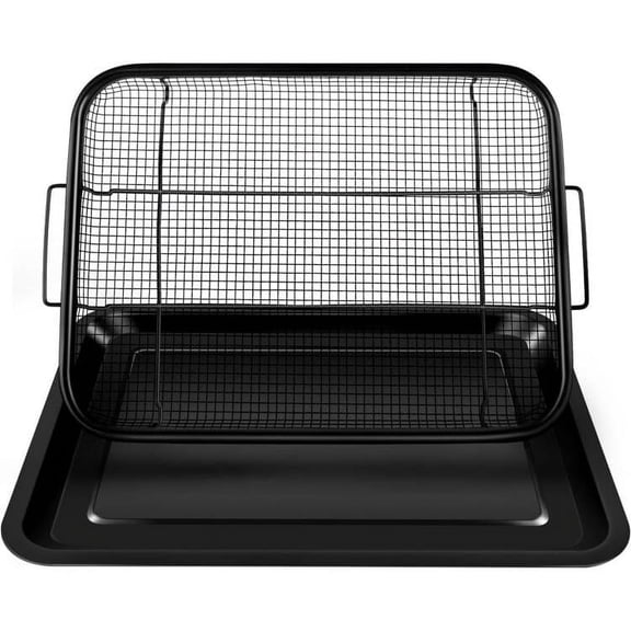 2 Pack Air Fryer Basket For Oven, TINANA 9.5"X13" Stainless Steel Air Fryer Tray, Oven Baking Tray with Elevated Mesh, 2 in 1 Bakeware Set - Black