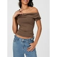 thumbnail image 3 of Biezeib Women's Asymmetric Tops Solid Color Off Shouler Short Sleeve Ruched T-Shirt Streetwear, 3 of 6