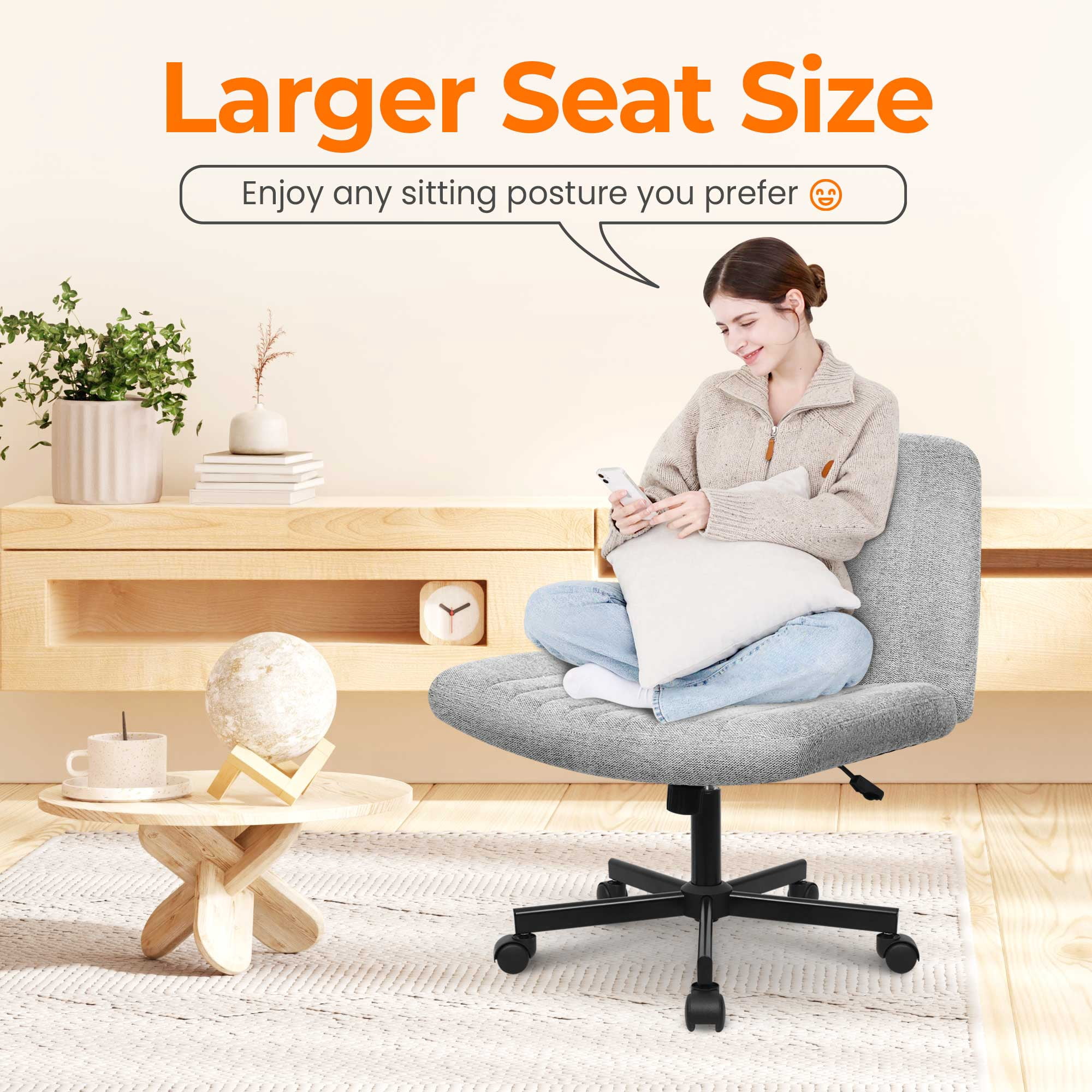 NEO CHAIR Criss Cross Legged Office Desk Vanity Armless Chair with Wheels Swivel, Gray