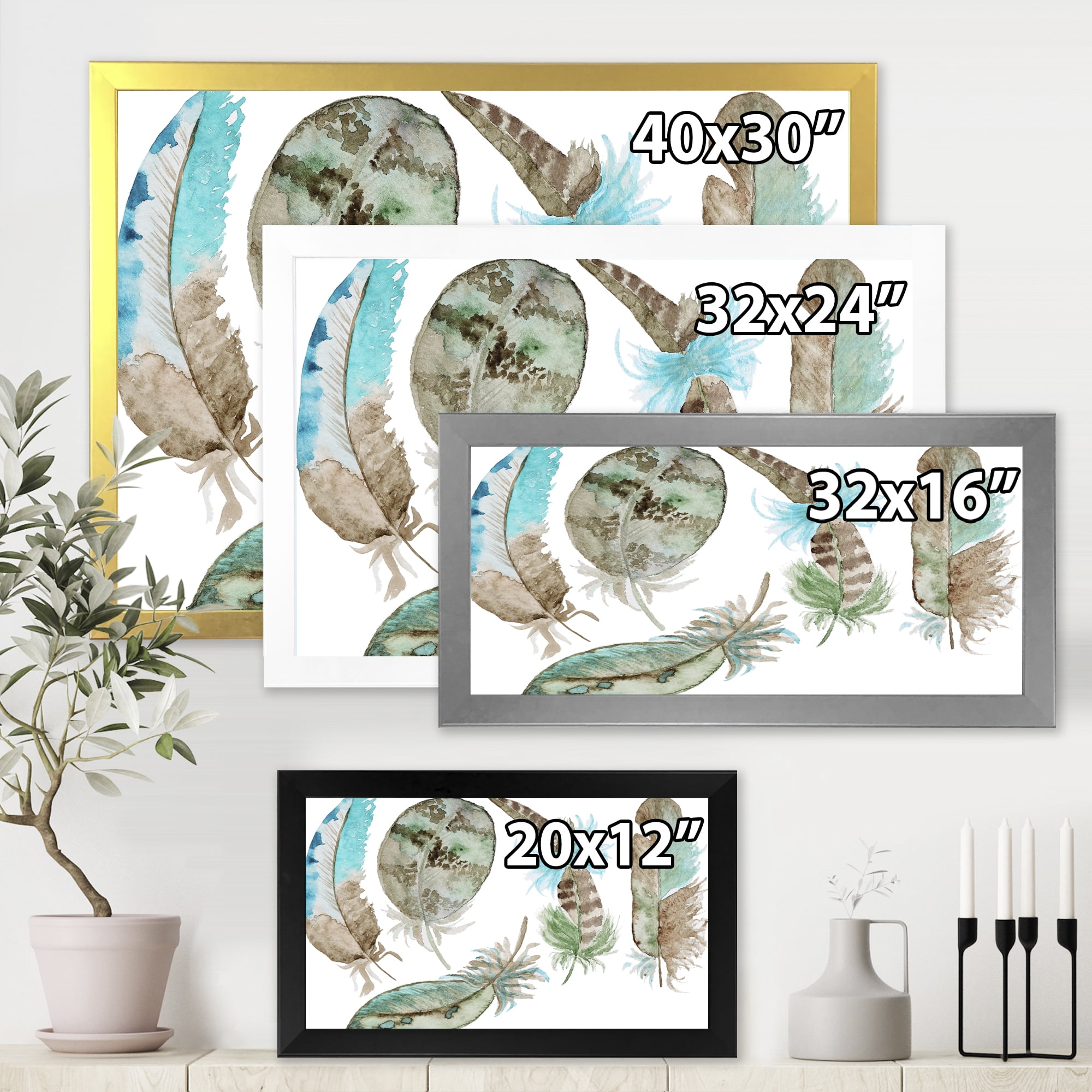 Designart 'Green Feathers Set On White' Bohemian & Eclectic Framed Art Print