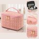 thumbnail image 5 of Bolsa de maquillaje de viaje, estuche de cosméticos con bolsillo de malla, organizador de cosméticos a cuadros blancos y dorados, bolsa de almacenamiento cuadrada para lociones, cosméticos, cepillos, 5 of 5
