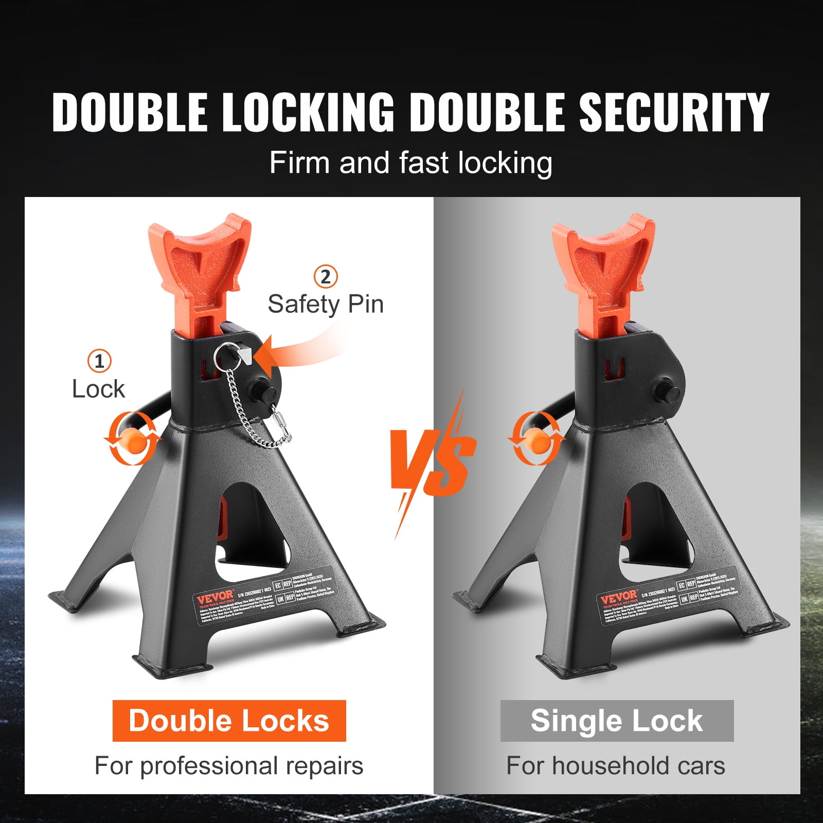VEVOR Jack Stands, 3 Ton (6,000 lbs) Capacity Car Jack Stands Double Locking, 10.8-16.3 inch Adjustable Height,1 Pair