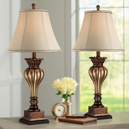 Regency Hill Senardo 30" Tall Floral Vase Large Traditional End Table Lamps Set of 2 Gold Finish Tan Shade Living Room Bedroom