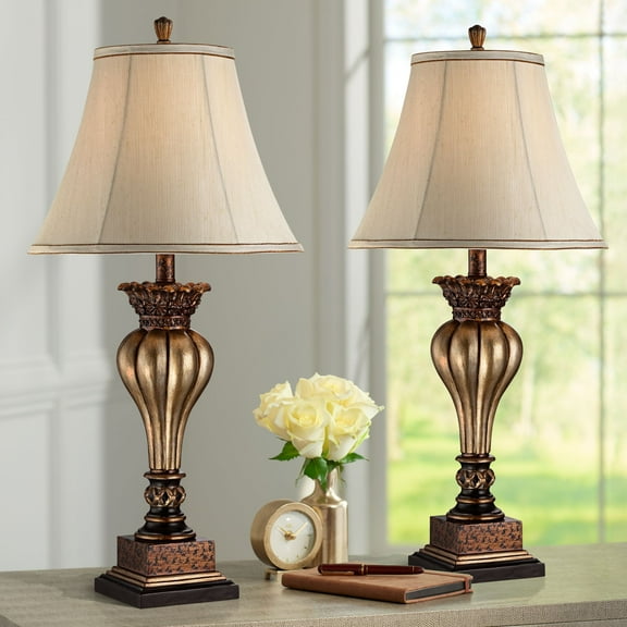Regency Hill Senardo 30" Tall Floral Vase Large Traditional End Table Lamps Set of 2 Gold Finish Tan Shade Living Room Bedroom