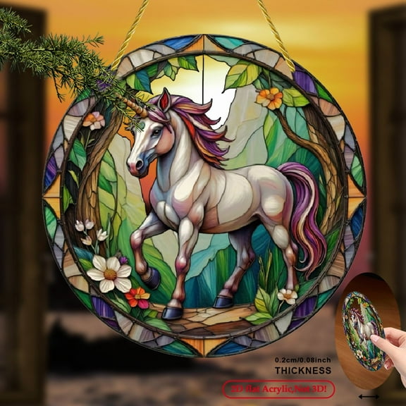 2D Flat, 1pc Mystical Unicorn Suncatcher Acrylic Wall Art with Enchanted Forest, Vibrant Flowers Butterflies Needed, Detailed Artwork for Home, Office, Window Decor.8inch