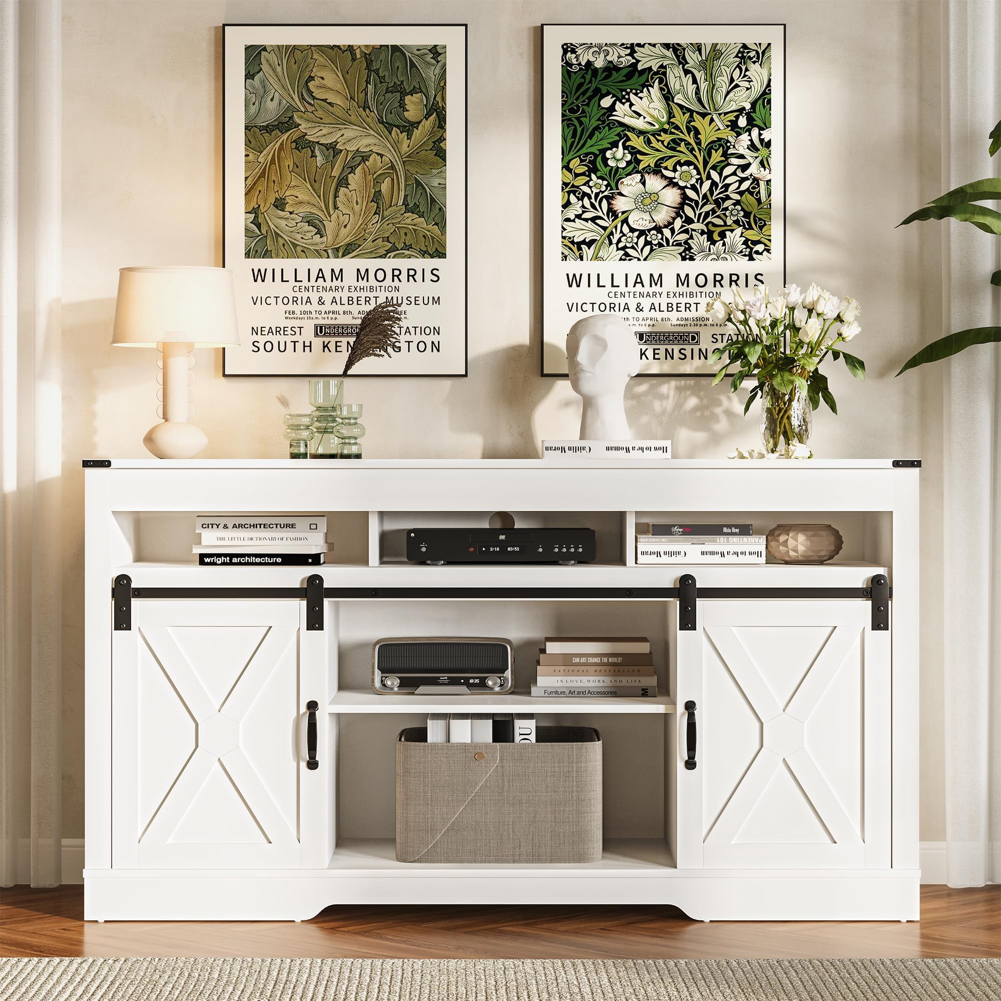 Heynemo TV Stand for 65+ Inch TV, Farmhouse 34'' Tall Entertainment Center for 23" Fireplace, Rustic TV Console with Sliding Bar Door for Living Room (White)