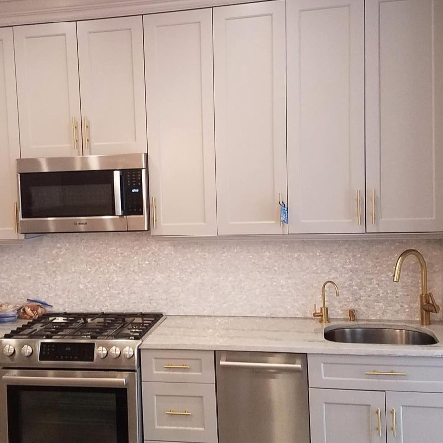Peel and Stick Backsplash, PVC Wall Tiles Stick on Backsplash for Kitchen(10 Sheets, White Marble with Metal Silver)
