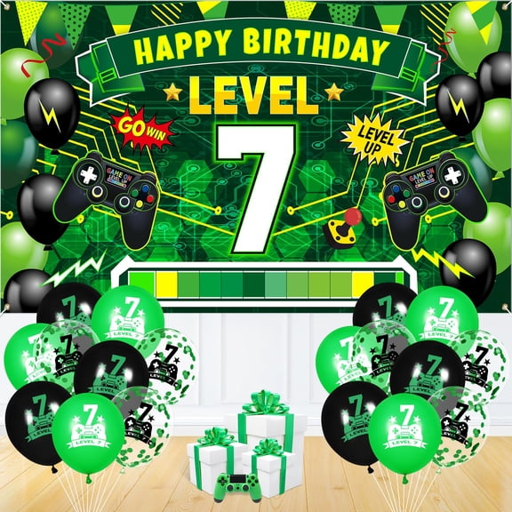 Level Up 7th Birthday Banner & KKS1 18pc Game Theme Balloons (Green, Black)