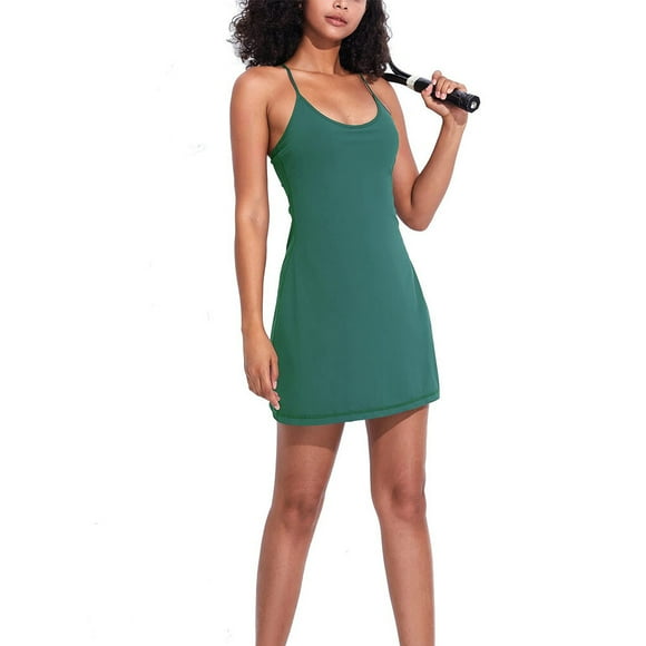 Women Athletic Dresses Sportswear Dance Suit Quick-drying Ladies Yoga Running Solid Color Breathable Skirt Golf Tennis Dress Green XL