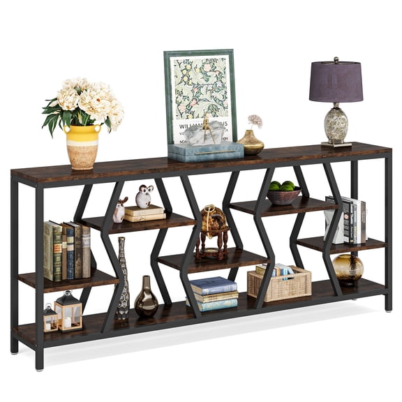 Fnova 70.9" Industrial Console Table, Extra Long Narrow Entryway Table with 4 Tier Storage Shelves, Sofa Table Behind Couch for Hallway, Living Room, Foyer