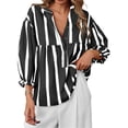 thumbnail image 4 of Wide Striped Sleeve Women Puff Sleeve Loose Blouse V-neck Casual Tops, 4 of 6