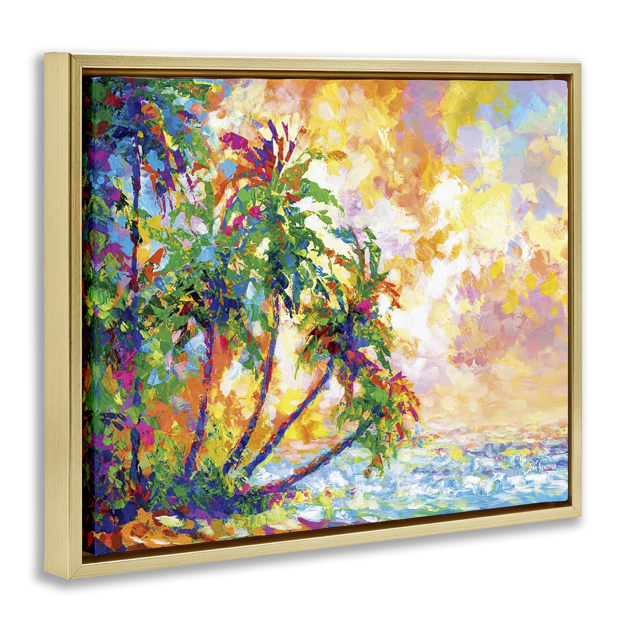 Stupell Industries Full Beach Palms Landscape Painting Gold Floater Framed Canvas Art Print Wall Art, 21 x 17