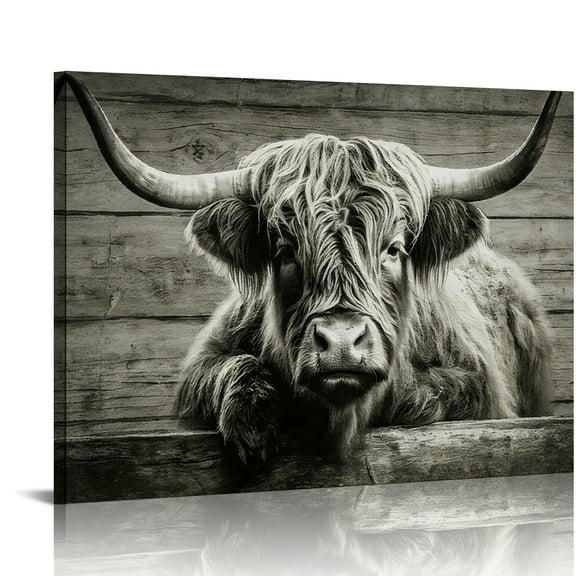 Hidden Frame Canvas Wall Art - Black & White Highland Cow Textured Popular Wall Decor for Vintage Industrial Living Room 16x12in