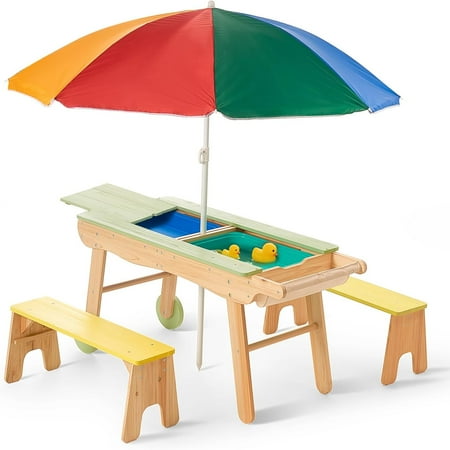 Giant Bean Outdoor Adjustable Kids Picnic Table with Benches and Umbrella, Multicolor