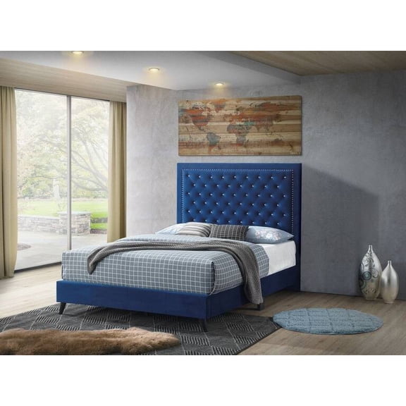 Glory Furniture Alba Velvet Upholstered King Bed in Navy Blue