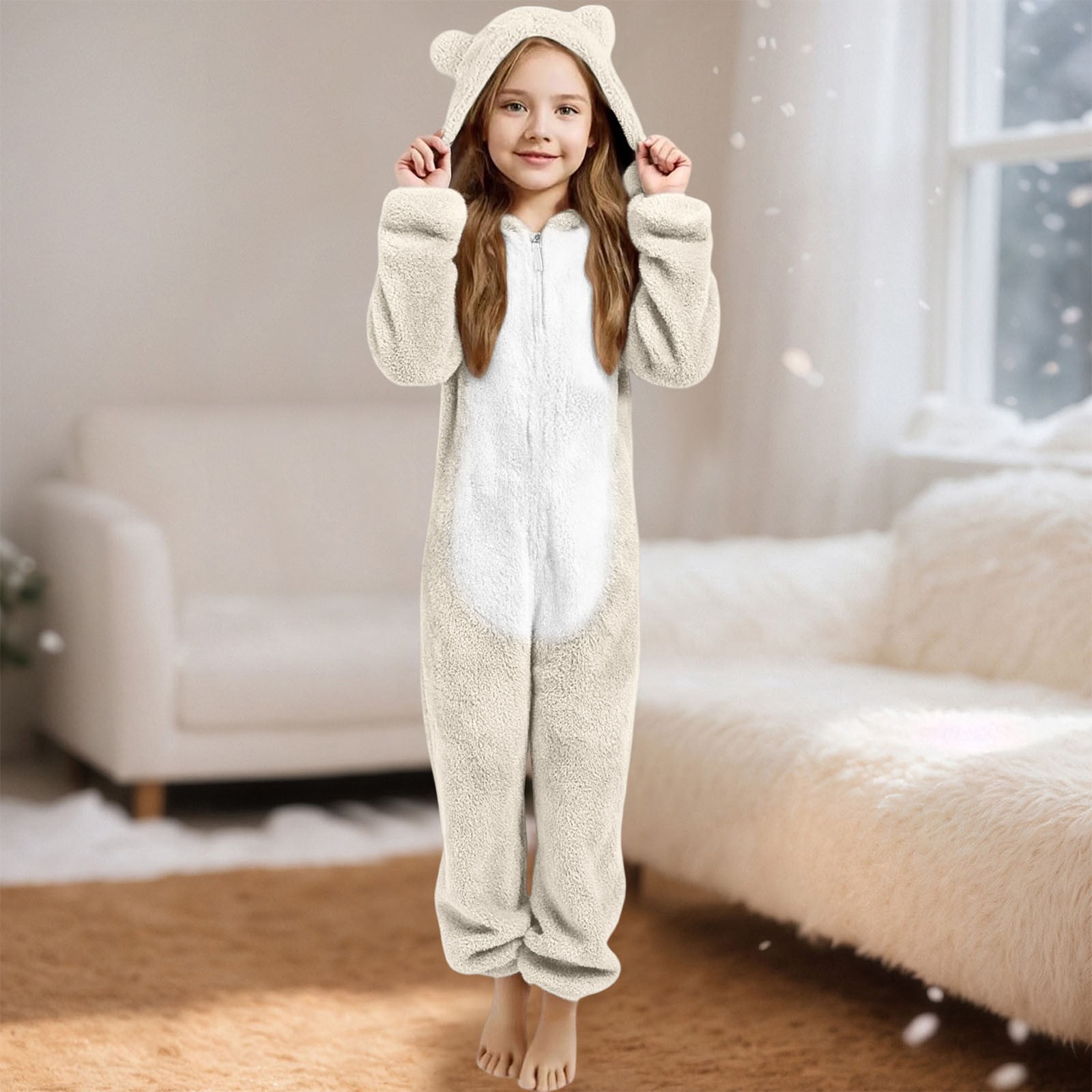 YunPes Girls Fleece Onesie Warm Animal Fleece Bed Jumpsuit Kids Cute Winter Plain Zip Up Long Sleeve Soft Fuzzy Bear Hooded Romper