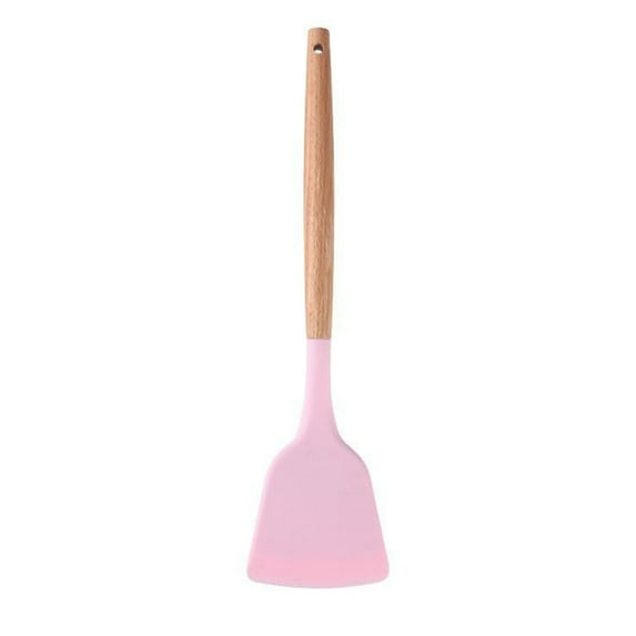 Visland Cooking Spatula Non-deformable Anti-slip Silent Stir-Fry Heat Resistance Silicone Extended Wooden Handle Frying Spatula for Kitchen