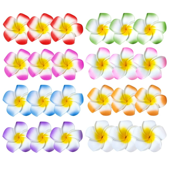 Paquete de 24 pinzas para el cabello de flores hawaianas de 2,5 pulgadas, accesorios para el cabello de espuma Plumeria, clip para mujeres, decoraciones de fiestas tropicales hawaianas, traje de vacac