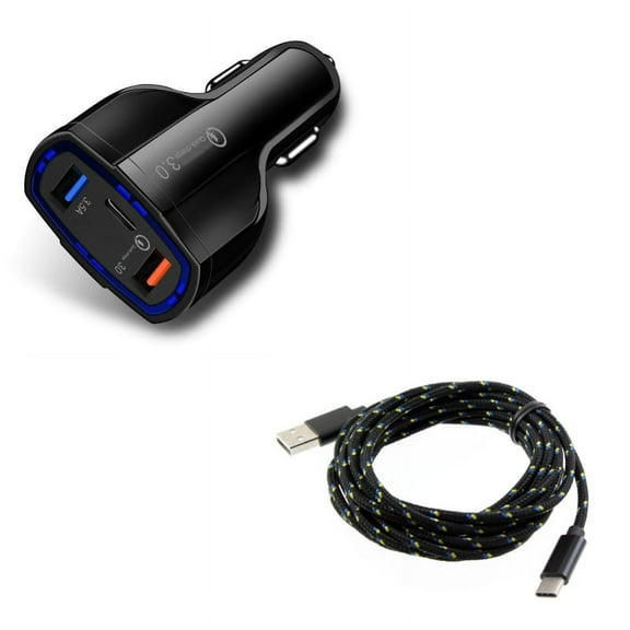 3-Port USB 48W Quick Car Charger w Charger Cord Type-C 10ft USB Cable Z9J for LG Google Nexus 5X, G8 ThinQ, G7 ThinQ, G Pad X II 10.1, Stylo 5 4 Plus - Microsoft Surface Go (10"), Lumia 950