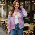 thumbnail image 2 of COEQINE Womens Cropped Bomber Jacket Zip Up Long Sleeve Motorcycle Jackets Stand Collar Cropped Bomber Coat Slouchy Shackets Sweatshirts Winter Coats, Small, Marble Pink Purple, 2 of 7
