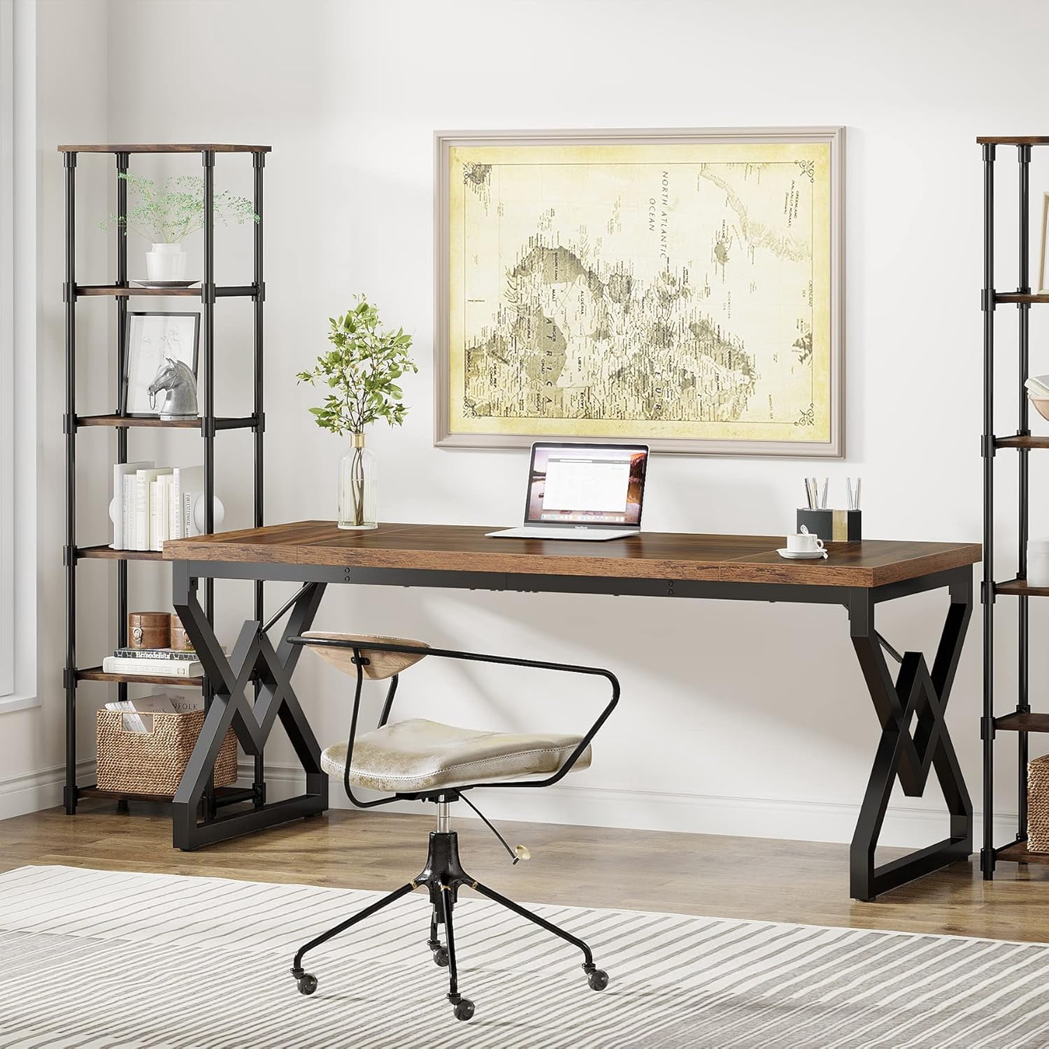 63-inch Executive Desk, Large Office Computer Desk ,  Vintage Brown