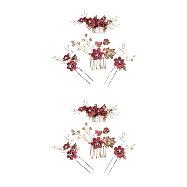 Qarigey 4 Uds. De peinetas de flores para boda, tocados elegantes para novia, tocado, adorno, accesorio de joyería de moda Rojo oscuro 2piezas