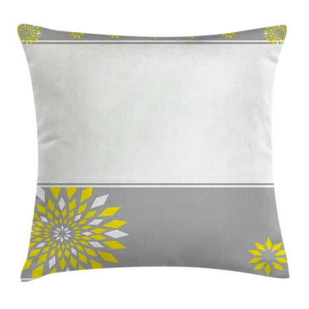 Grey and Yellow Throw Pillow Cushion Cover, Modern Futuristic Border with Geometric Flower Frame, Decorative Square Accent Pillow Case, 18 X 18 Inches, Light Grey White and Marigold, by Ambesonne