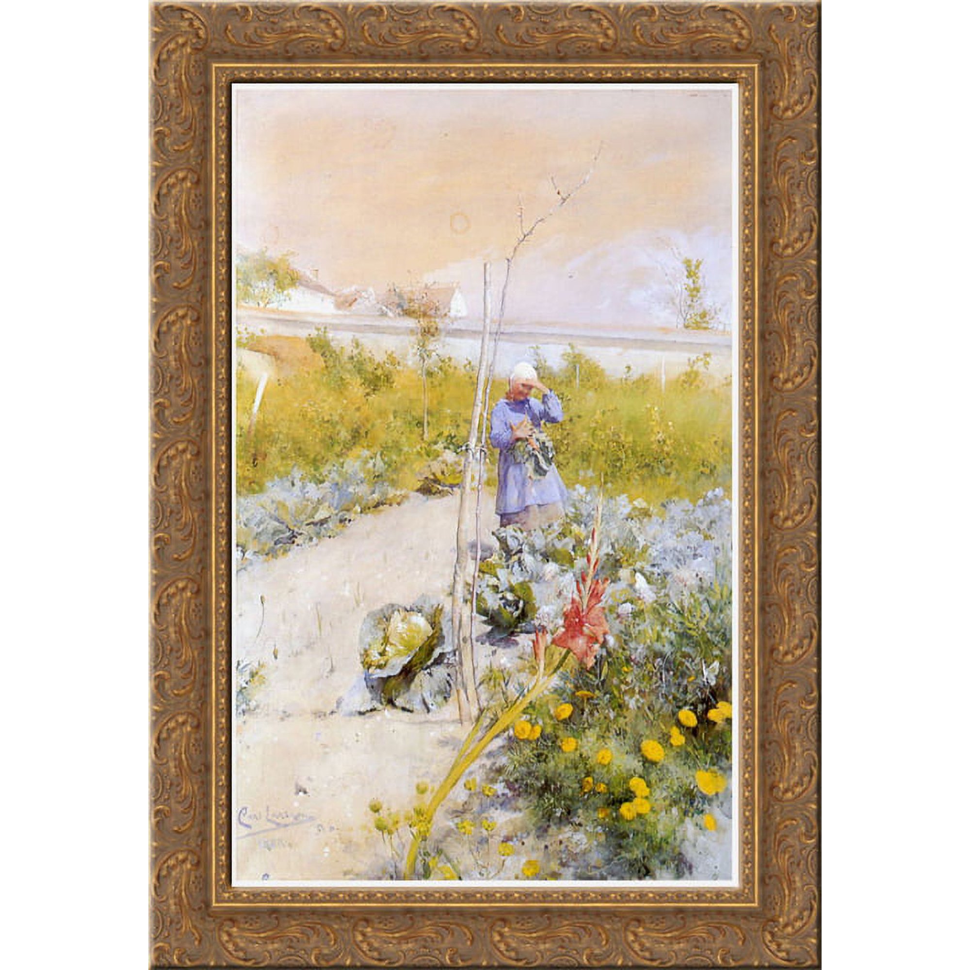 In the Kitchen Garden 24x16 Gold Ornate Wood Framed Canvas Art by Carl Larsson