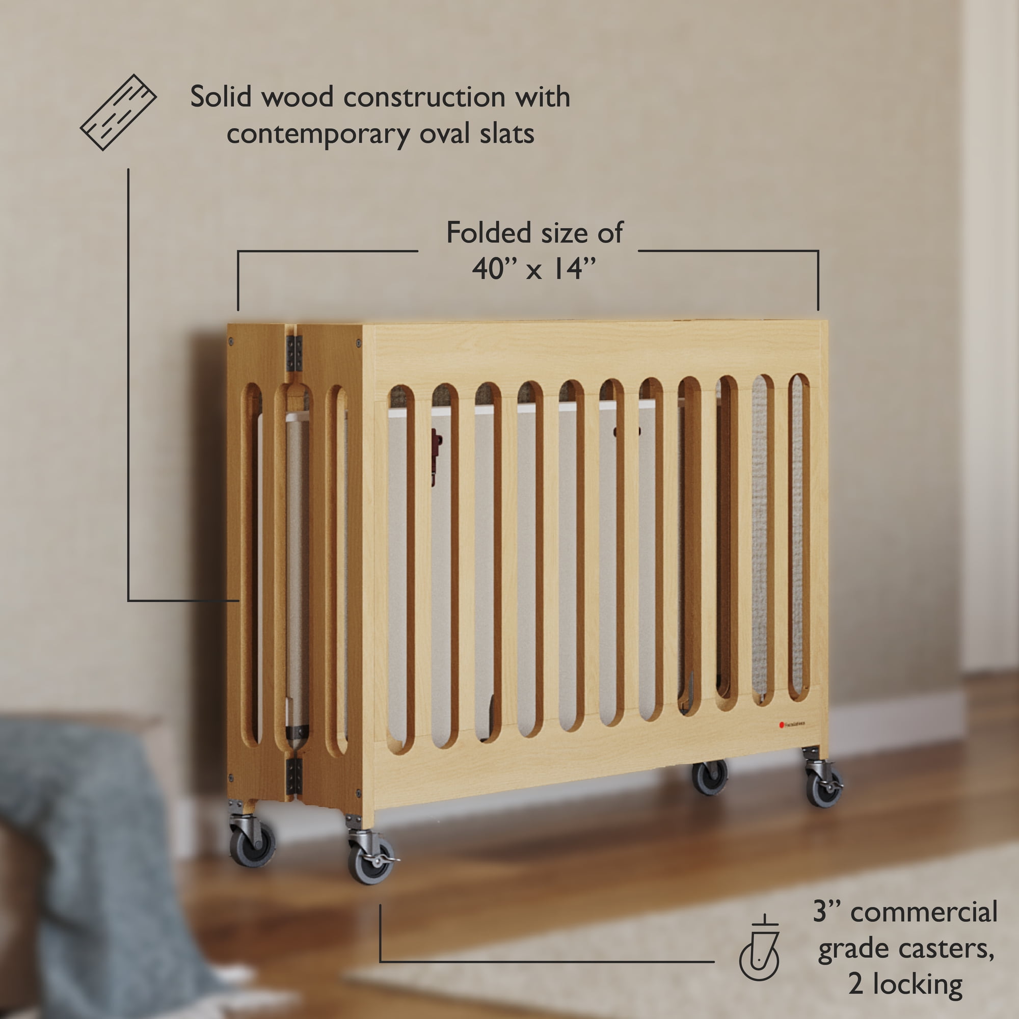 Foundations Boutique Compact Folding Hotel Crib with 3" Mattress and Locking Wheels, Natural