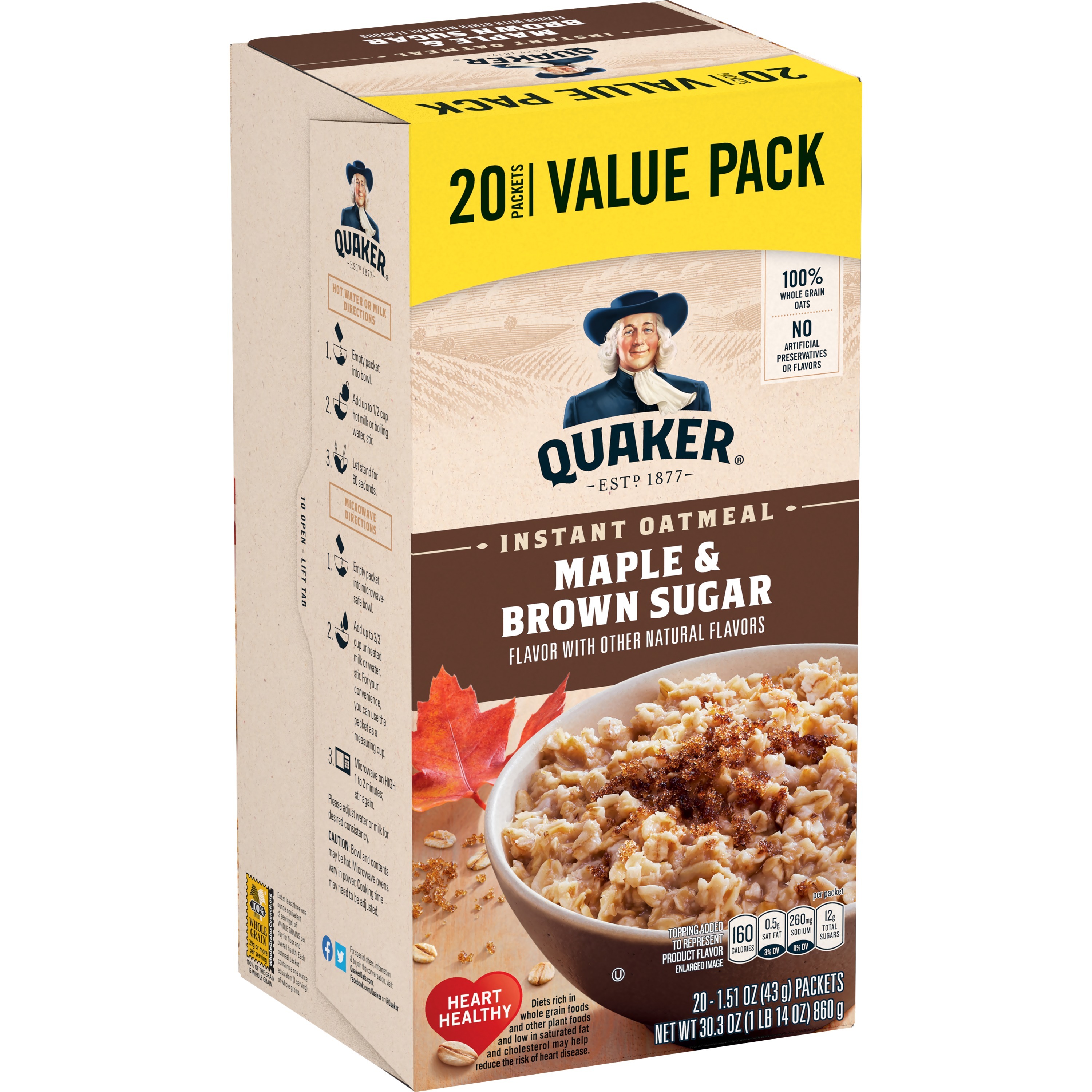 Quaker, Instant Oatmeal, Maple & Brown Sugar, Quick Cook Oatmeal, 1.51 oz, 20 Packets - image 3 of 8