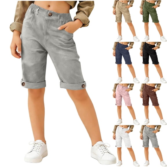 Jinhomg Cotton Linen Shorts for Girls Buttons Trim Straight Leg Shorts Rolled-Cuff Lightweight Casual Cropped Trousers with Pockets for 5-16Y