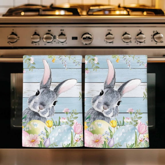 Easter Kitchen Towels Set of 2, Country Spring Bunny Eggs Botanicals Wooden Plank Absorbent Dish Towels for Kitchen, Microfiber Hand Towel, Quick Drying Tea Towel for Cleaning Decorative Dishcloths