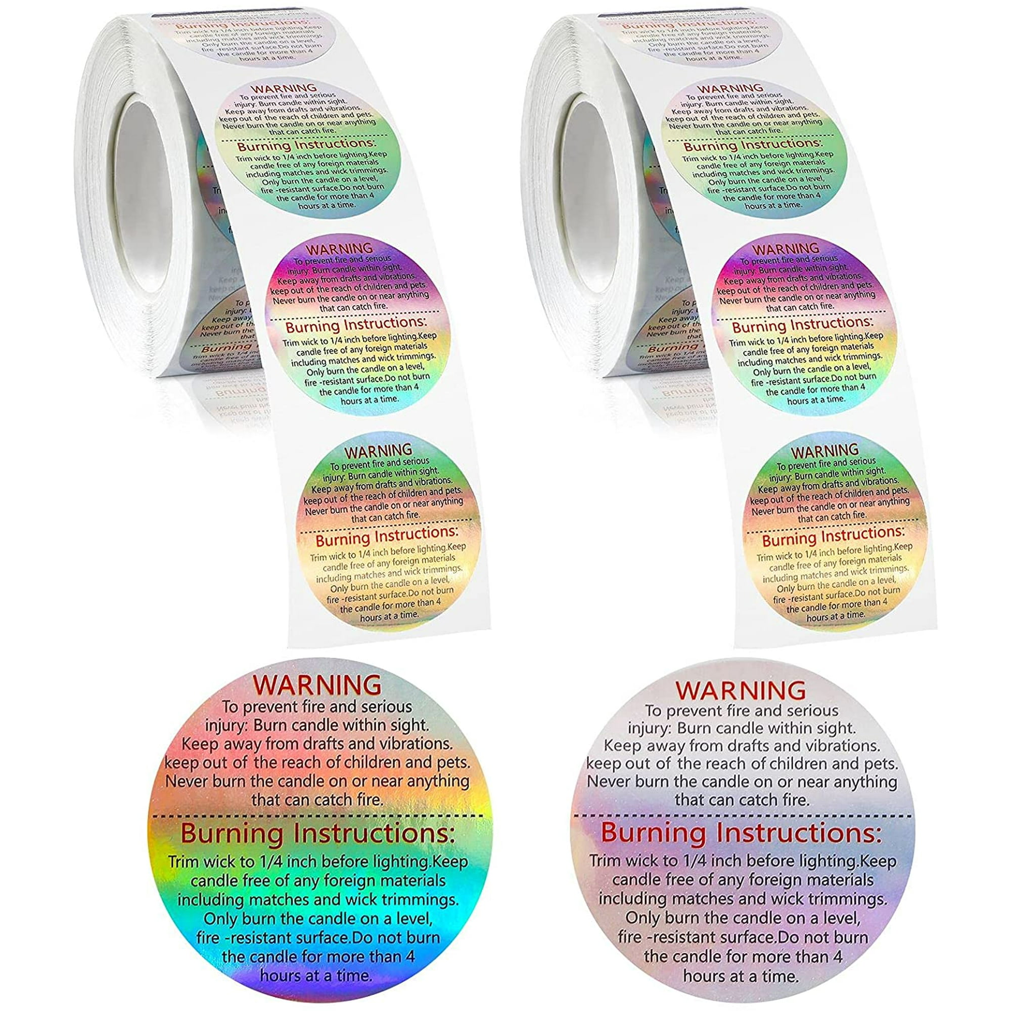 1000 Pieces Holographic Candle Warning Labels Candle Safety Warning Sticker Decal Candle Safety Labels Round Waterproof Candle Jar Container Labels ...